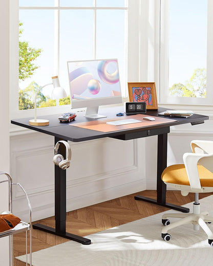 Electric Standing Desk with Drawer, 48 X 24 Electric Stand up Desk, Ergonomic Adjustable Table with Storage, Computer Workstation with Cable Management, Headphone/Bag Hooks, Home Office, Black