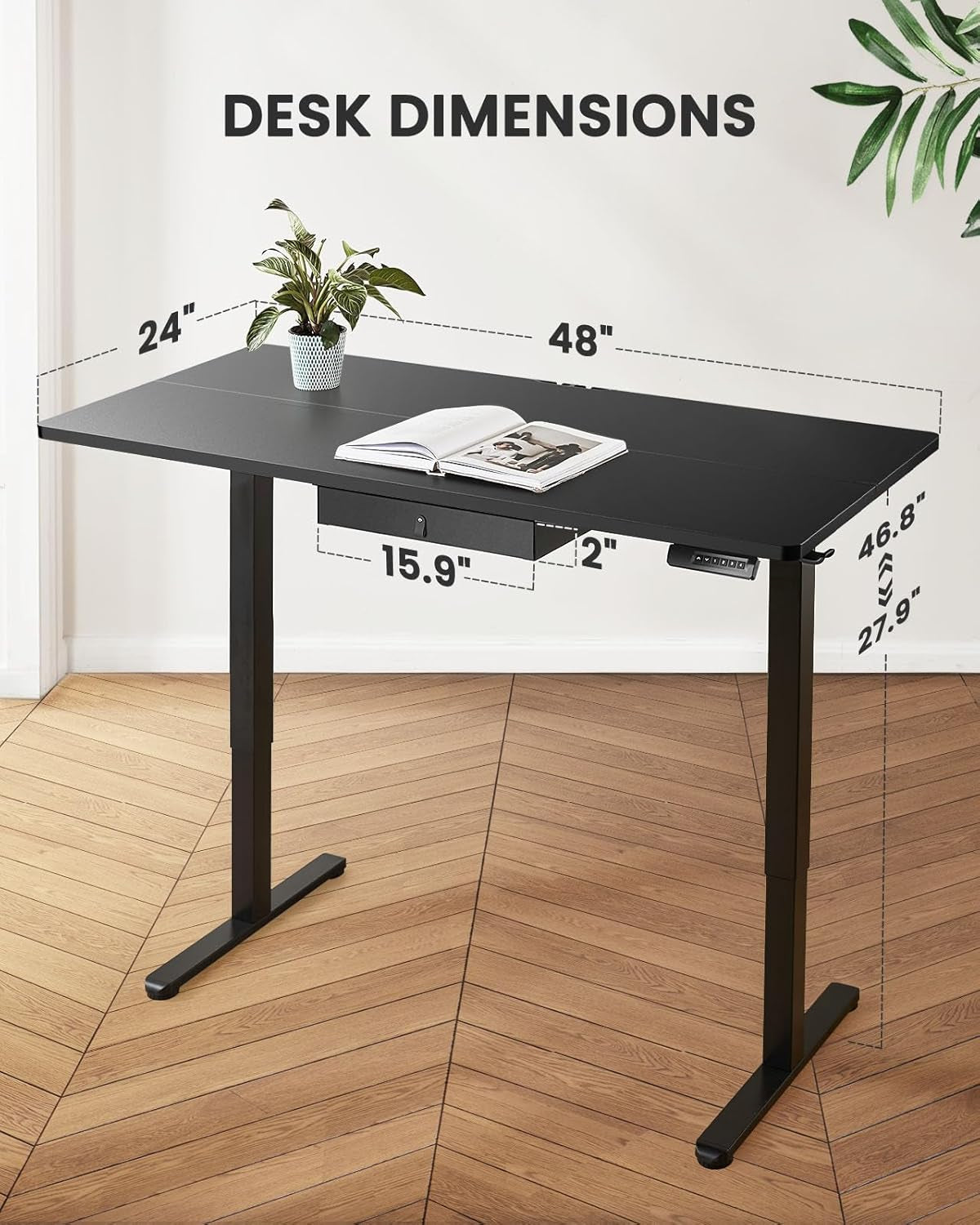Electric Standing Desk with Drawer, 48 X 24 Electric Stand up Desk, Ergonomic Adjustable Table with Storage, Computer Workstation with Cable Management, Headphone/Bag Hooks, Home Office, Black