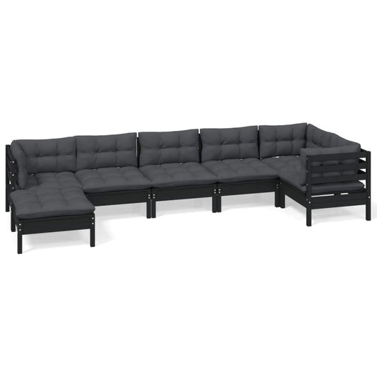 7 Piece Garden Lounge Set with Cushions- Black Solid Pinewood