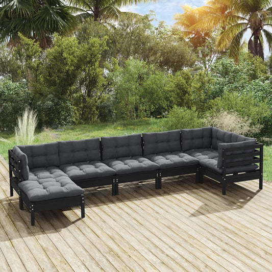7 Piece Garden Lounge Set with Cushions- Black Solid Pinewood